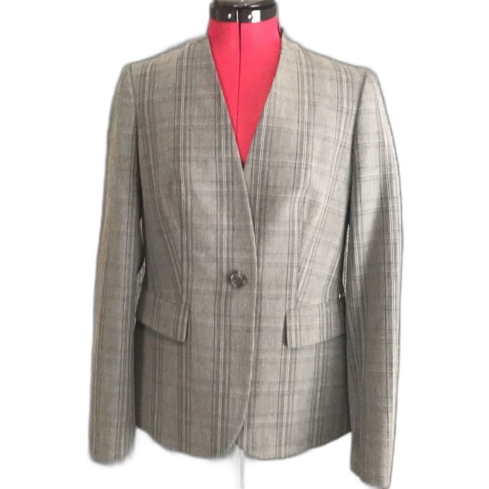 DKNY Blazer Women’s Size 6 Grey Plaid Long Sleeve One-Button Pockets